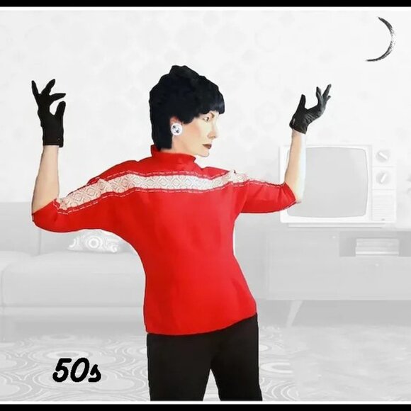 Vintage Dolman Top Red White with Silver, Festive 50s Holiday Woven Cotton VFG - Picture 4 of 13